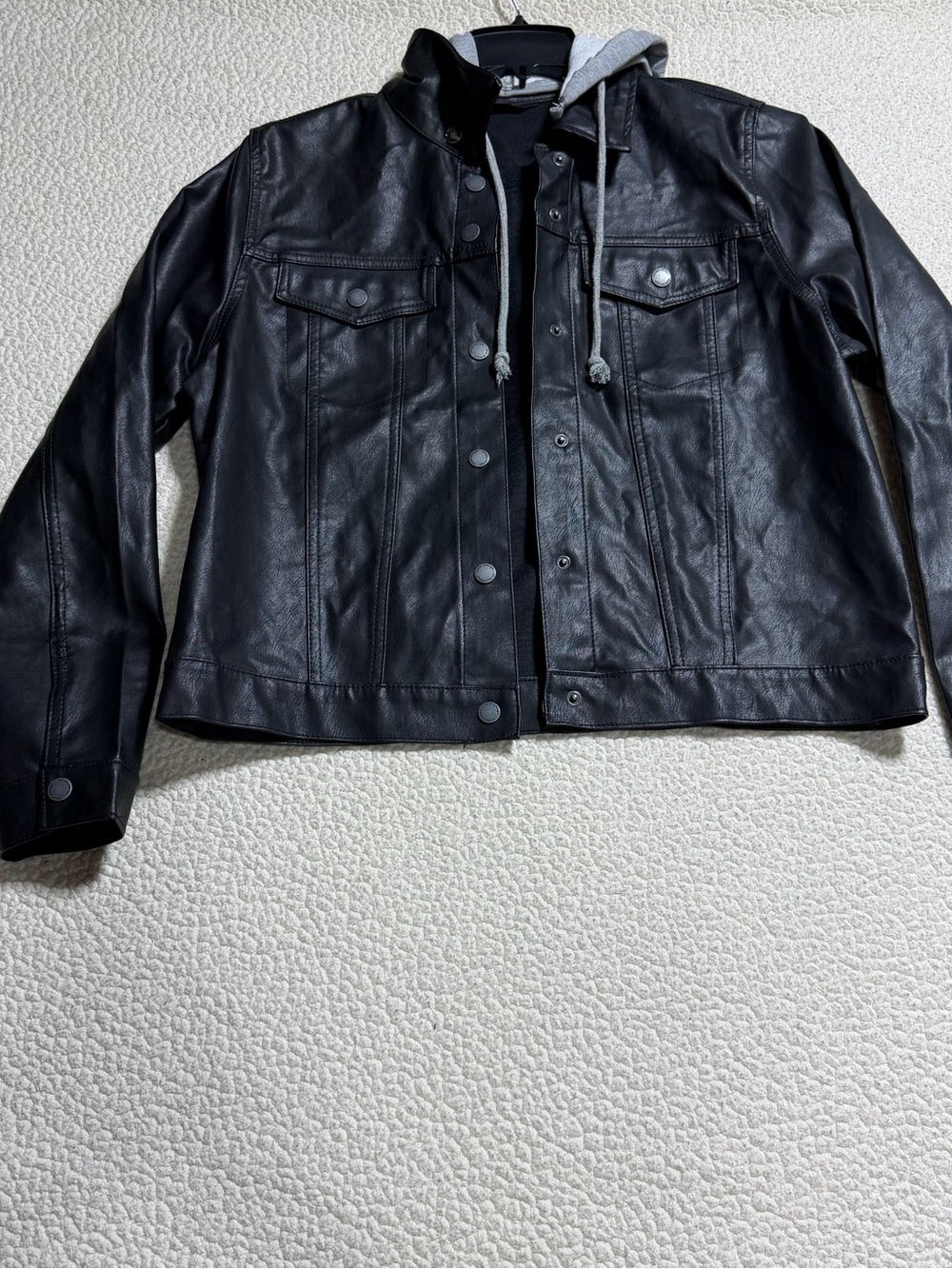 Women's Black Faux Leather Hooded Jacket with Snap Front
